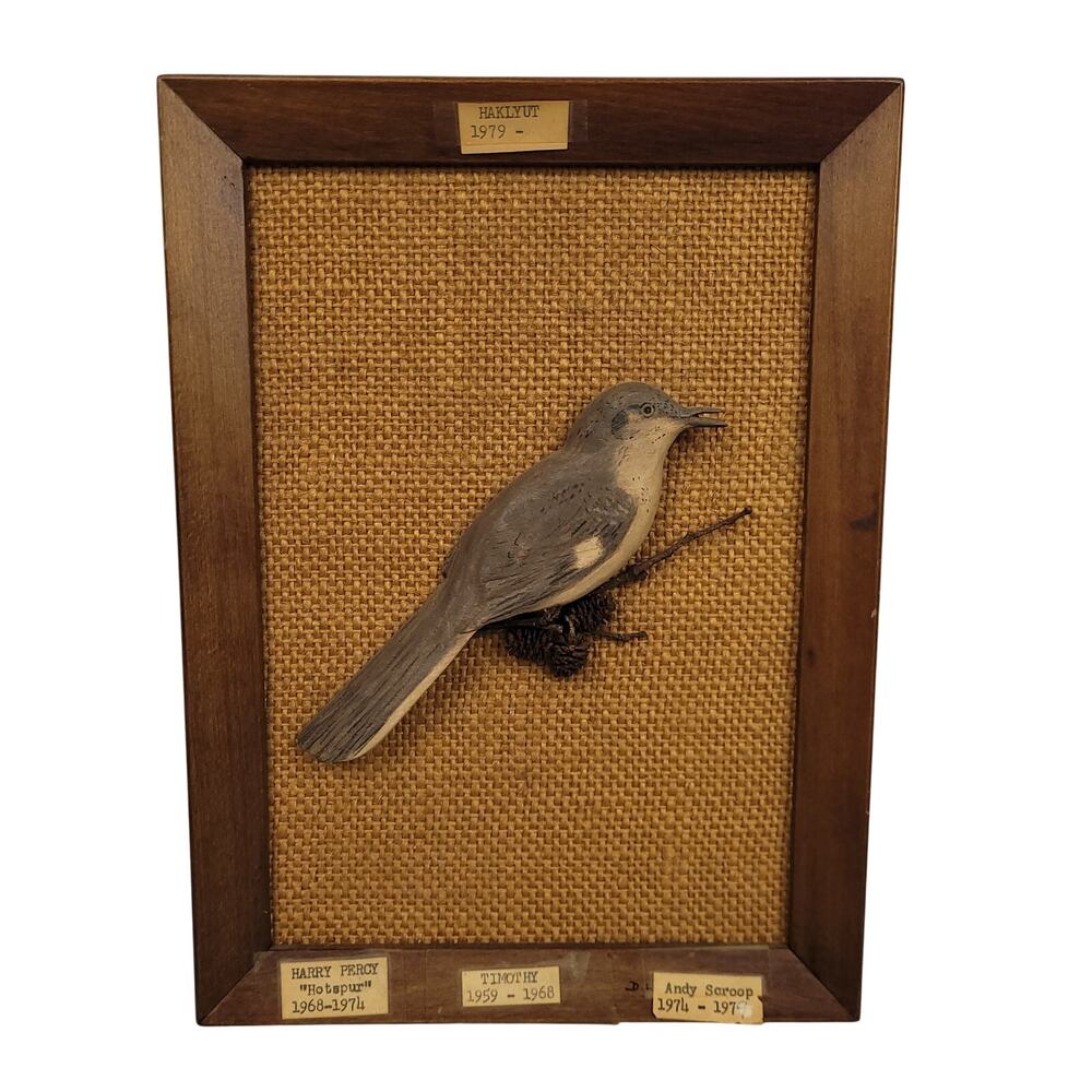 Vintage 1968 Drowne NH Hand Carved Mockingbird Wood Folk Art Framed RARE